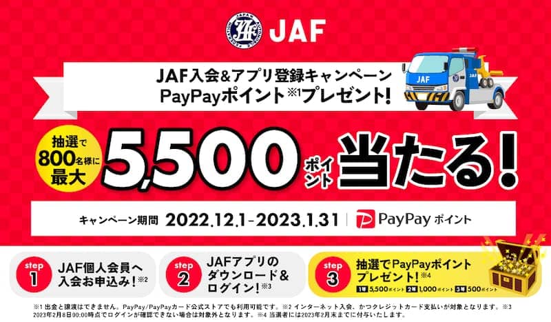 JAF入会&アプリ登録PayPayポイントプレゼントキャンペーン紹介画像