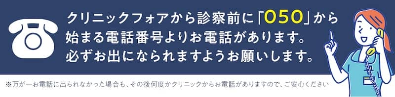 クリニックフォアから診察前に電話確認がある旨の案内