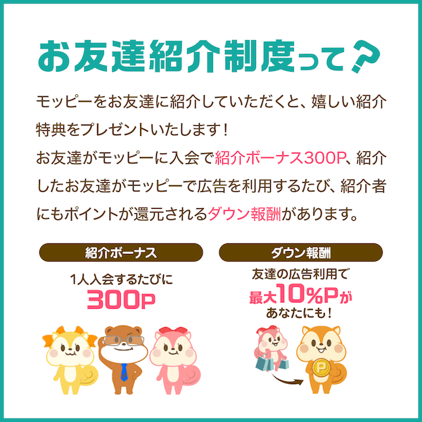 モッピーお友達紹介制度の紹介者の紹介ボーナスとダウン報酬