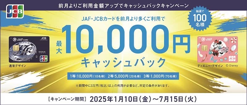 JAFのJCBカード 前月よりご利用金額アップでキャッシュバックキャンペーン