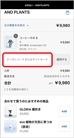 アンドプランツのクーポンコード・ギフトカード適用画面