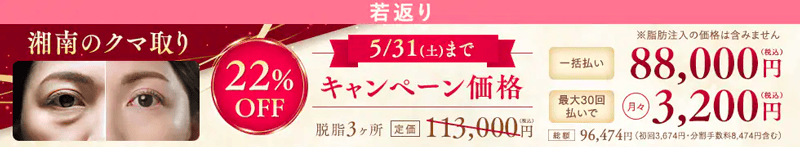 湘南美容クリニック 目の下の切らないクマ取り・たるみ（ふくらみ）取り 期間限定22%オフ割引キャンペーン
