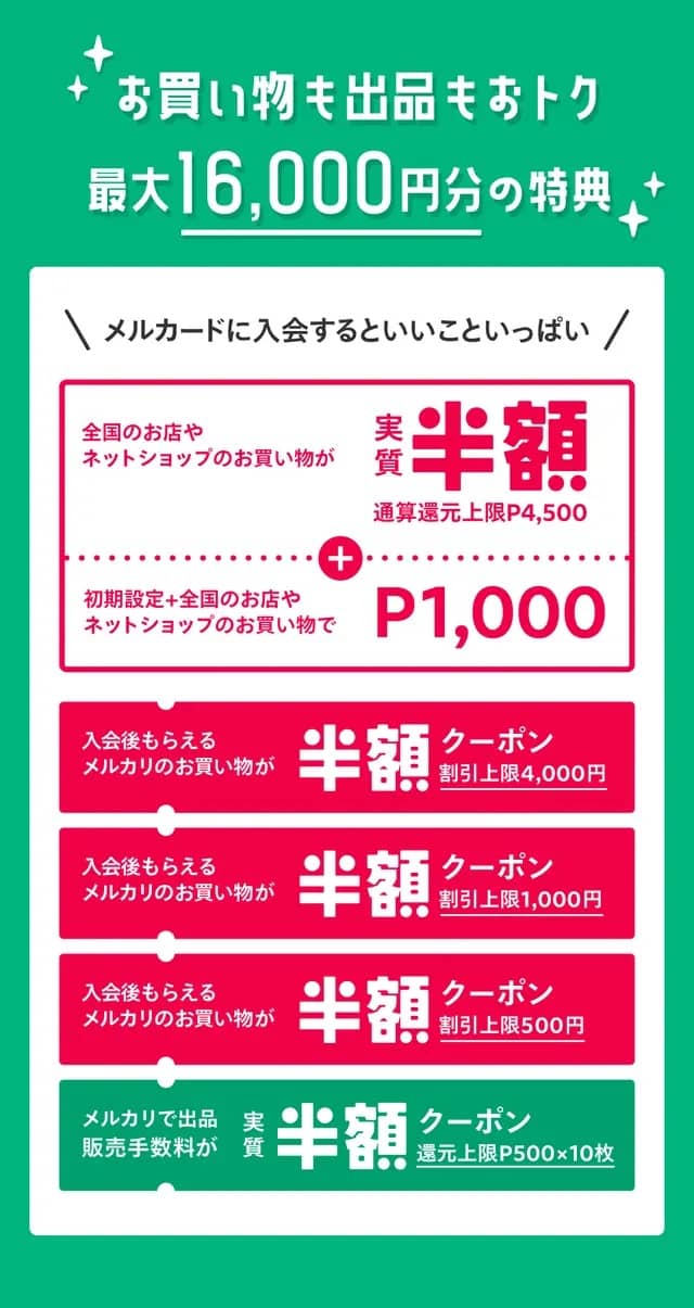 メルカードおトクなお買い物半額祭の最大16,000円分の特典の内訳