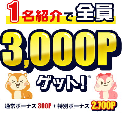 モッピー友達紹介の紹介者への特典 1名紹介で3,000ポイントゲット