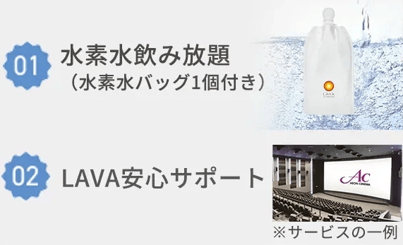 リントスルのレッスンをサポートするオプション2点「水素水飲み放題（水素水バッグ1個付き）」「LAVA安心サポート」