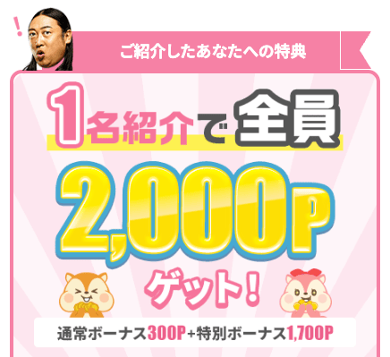 モッピー友達紹介の紹介者への特典 1名紹介で2,000ポイントゲット