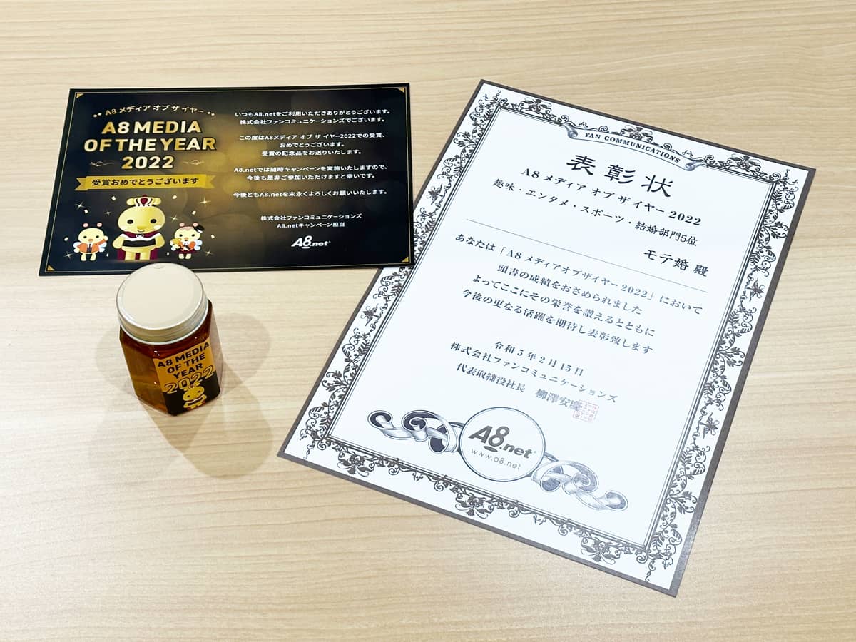 A8メディアオブザイヤー2022の表彰状と記念品が届きました！